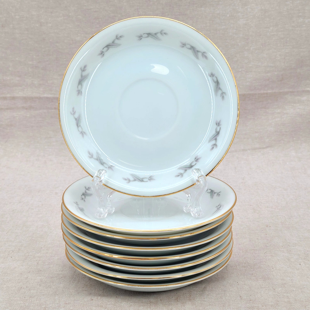 Set of 8 ROSALINDA YAMAKA JAPAN VTG White Flower, Gray Leaves Tea Saucer 5.5"